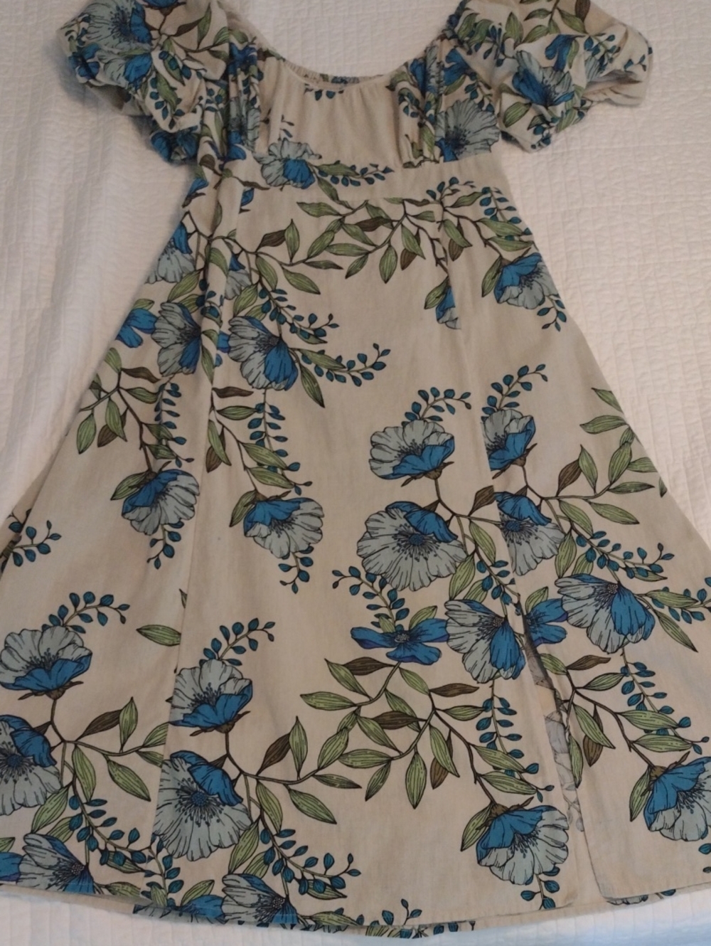 Linen Blend Women's XL Floral Midi Dress Blue Tan Green Puff Sleeve Front Slit